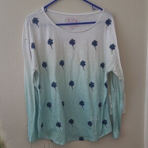 Palm-Print Ombre Long Sleeve Tee - Aqua Ombre